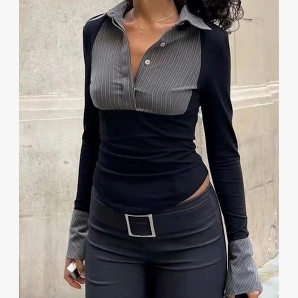 PINKYOTTO Stylish Black and Gray Long Sleeve Top